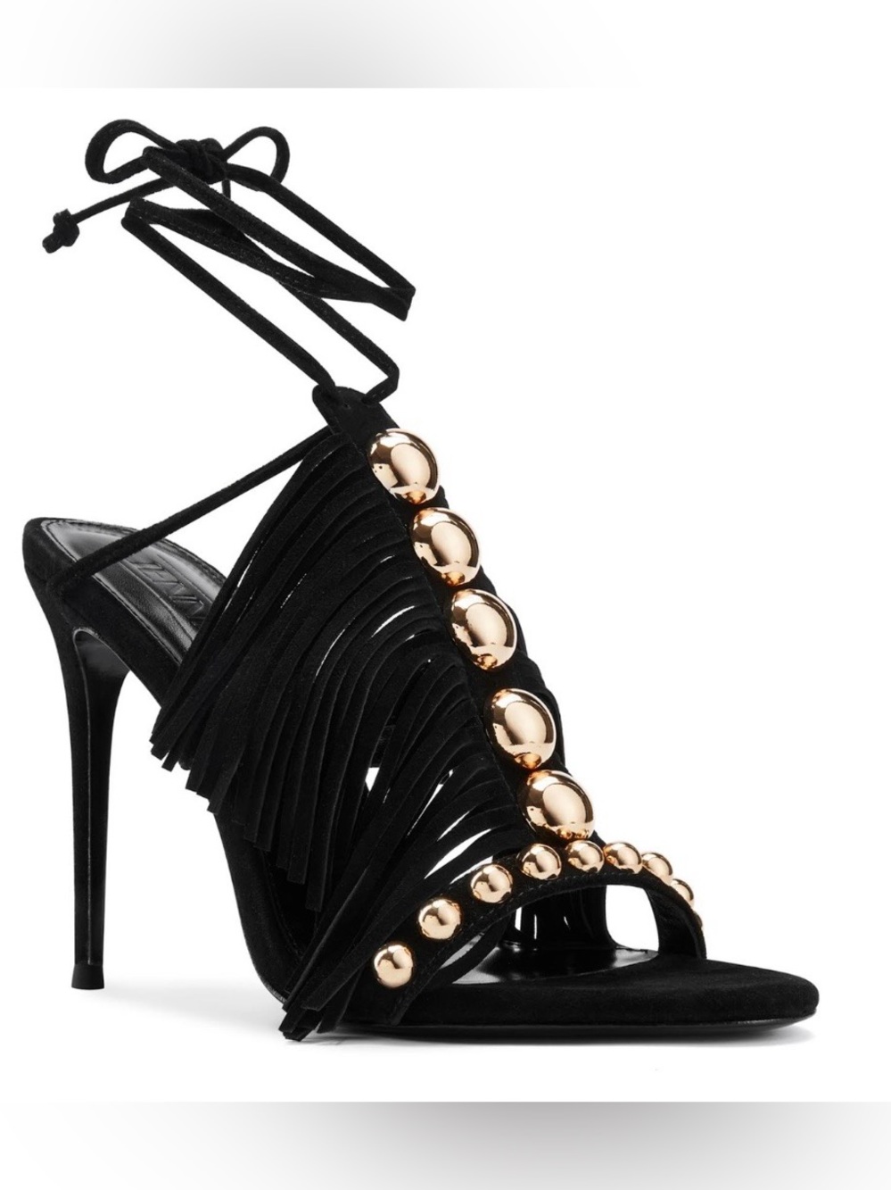 Jennifer Le Black Fringe Lace-Up Stiletto Sandal with Gold Studs